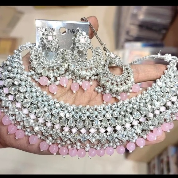 Indian Bollywood gold plated Kunda choker bridal necklace earrings jewelry set - Picture 2 of 5